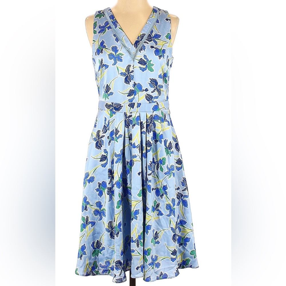 NWT Banana republic blue floral iris V-neck embroidered pleated A Line dress